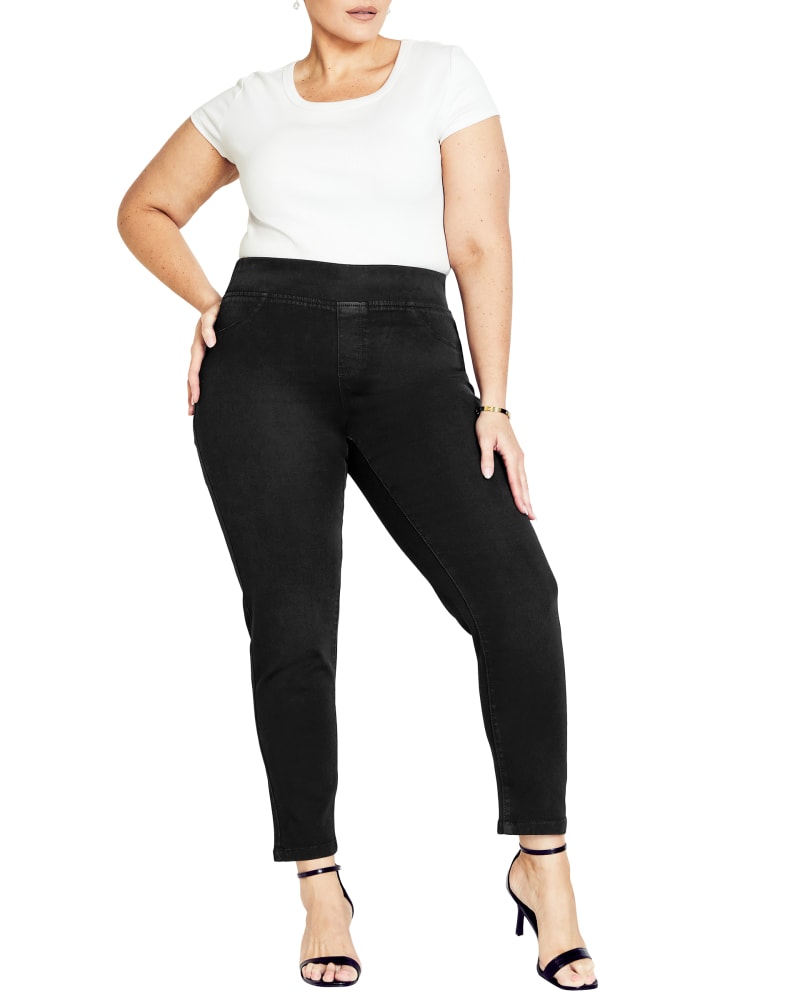Front of a model wearing a size 18 Melanie Butter Pull On Jean in AV Black by avenue. | dia_product_style_image_id:300376
